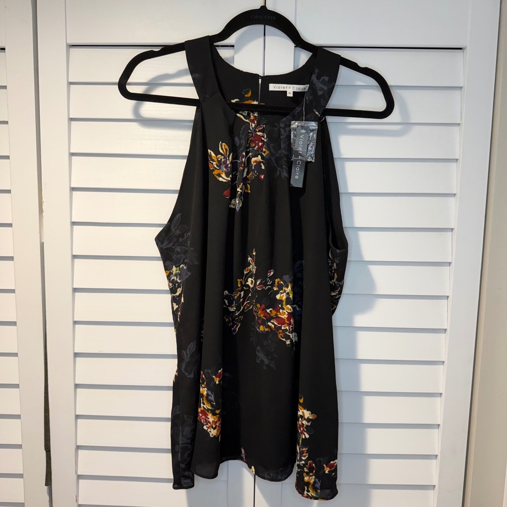 Violet + Claire Floral Halter Neck Blouse Black Sleeveless Pleated‎ Top XL NEW